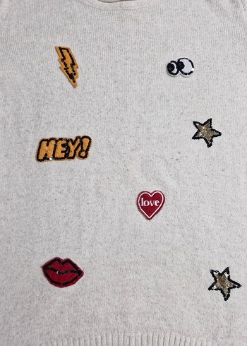 Nakışlı Gri Uzun Kollu Triko Kazak - Görsel 2