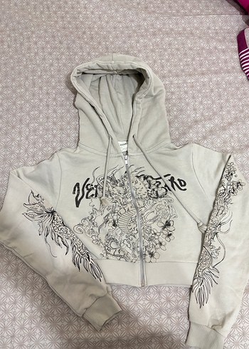 Bej Baskılı Fermuarlı Kapüşonlu Sweatshirt
