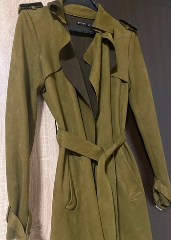 Stradivarius Haki Süet Uzun Kuşaklı Trençkot - Görsel 4