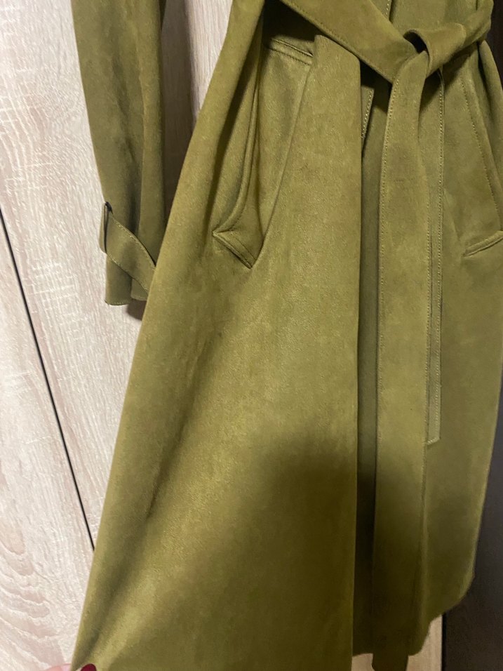 Stradivarius Haki Süet Uzun Kuşaklı Trençkot - Görsel 3