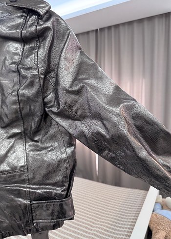 m Beden Koyu Gümüş Parlak Deri Biker Ceket