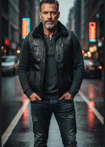 Kürklü Siyah Deri Yelek - Görsel 2