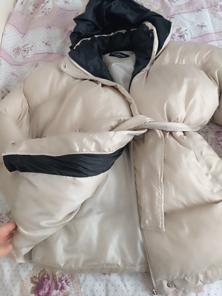 Bej Kemerli Midi Kadın Kışlık şişme Mont - Görsel 2