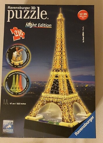Ravensburger 3D Puzzle Night Edition Eiffel Paris + gri kedi 