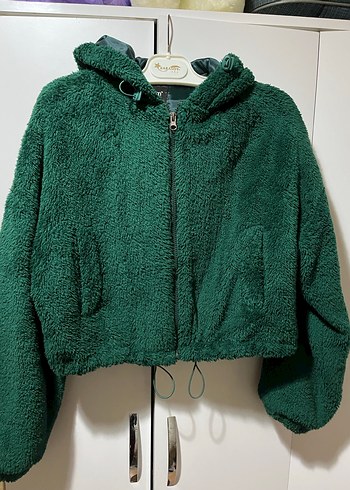 Kürklü Kapüşonlu Yeşil Kadın mont kısa - Görsel 2
