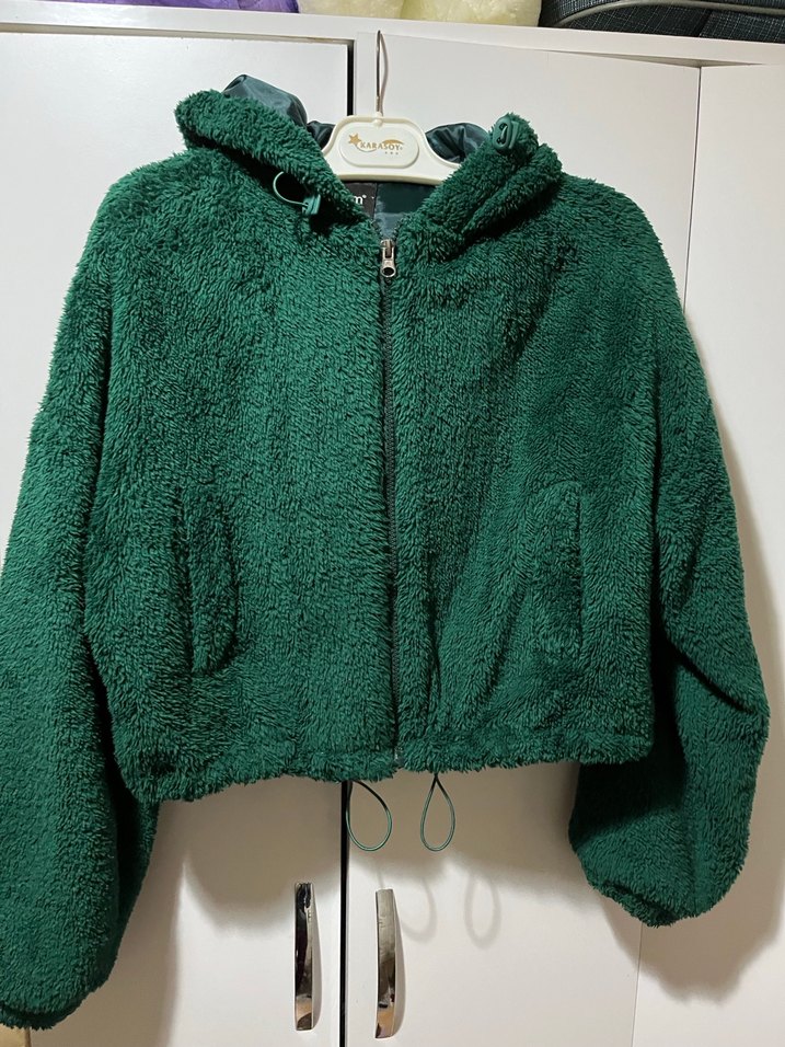 Kürklü Kapüşonlu Yeşil Kadın mont kısa - Görsel 2