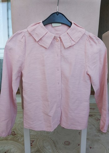 8 Yaş Beden Kız Çocuk Pembe Keten Uzun Kollu Gömlek