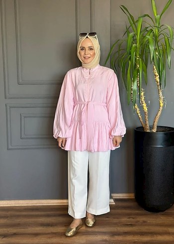 Pembe Pilili Pamuklu Uzun Kollu Gömlek