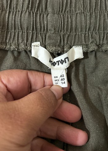 42 Beden Haki yeşil beli lastikli Kadın Keten Pantolon