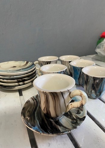 Mermer Desenli 6'lı Kahve Fincanı ve Tabak Seti
