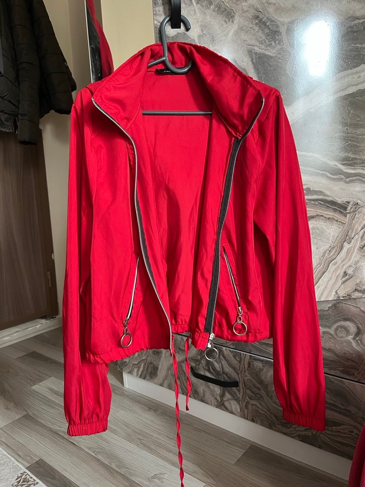 Kırmızı Mini Fermuarlı Kadın Ceket yağmurluk - Görsel 2
