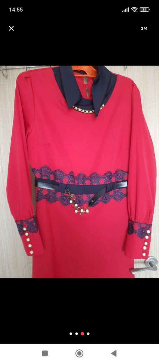 Kemerli Koyu Kırmızı Nakışlı Uzun Elbise - Görsel 3