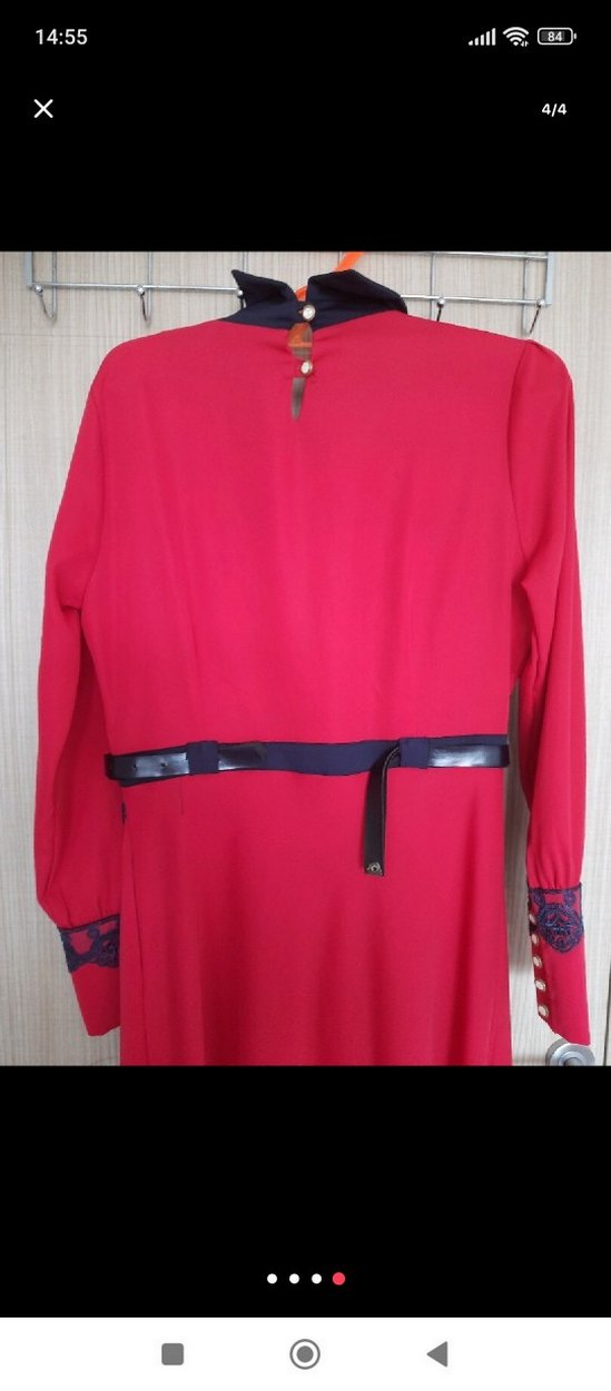 Kemerli Koyu Kırmızı Nakışlı Uzun Elbise - Görsel 4