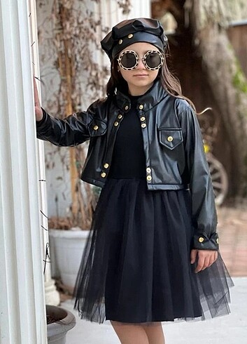 Kız deri ceket deri bolero iç elbise üç parça 
