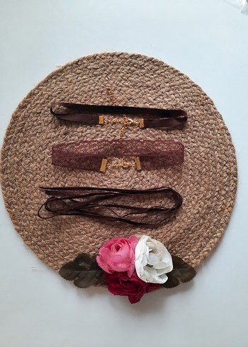 kadife dantel ip bağcık 3 lı choker set - Görsel 7