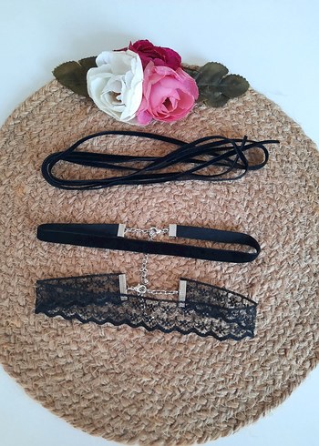 kadife dantel ip bağcık 3 lı choker set - Görsel 10