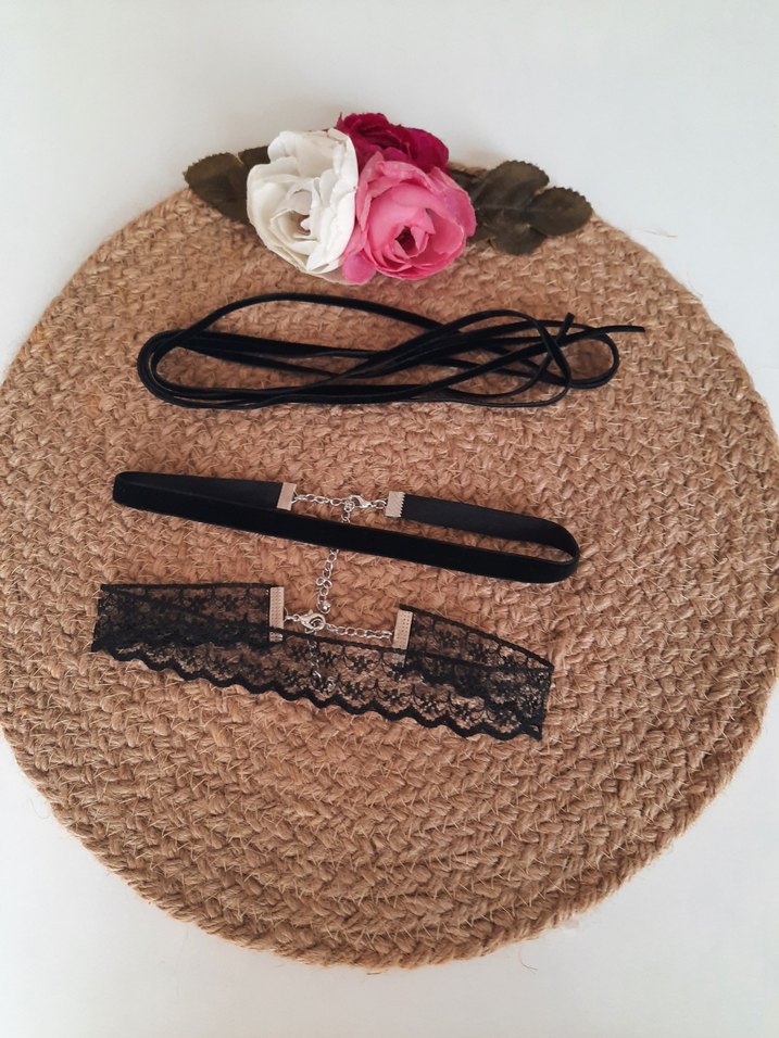 kadife dantel ip bağcık 3 lı choker set - Görsel 2