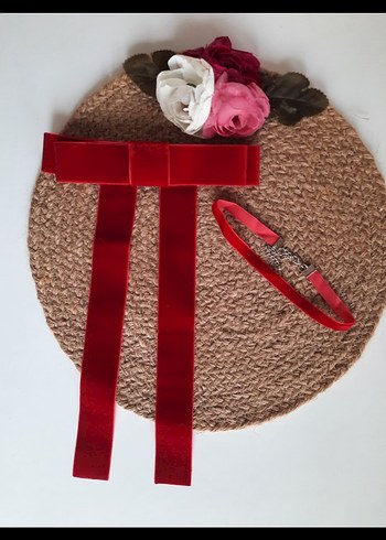 kadife kurdele fiyonk otomatik toka kolye set - Görsel 2