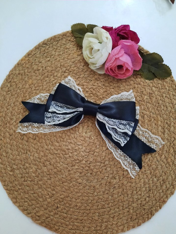 Dantel Detaylı Siyah Fiyonk Saç Aksesuarı - Görsel 5
