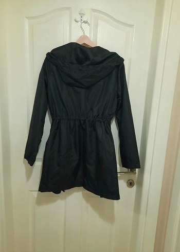 Siyah orta boy kapişonlu yağmurluk trençkot - Görsel 5