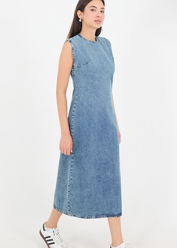 Addax Kot Elbise Kolsuz Midi Denim Elbise