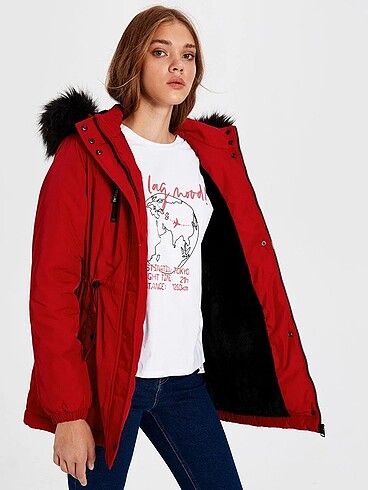 Lcw kapüşonlu kırmızı kadın parka/mont - Görsel 4