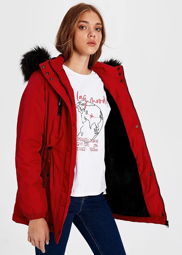 Lcw kapüşonlu kırmızı kadın parka/mont - Görsel 4