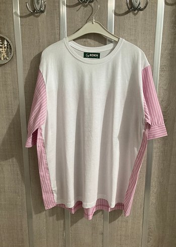 Pembe Beyaz Loose Fit Kadın Tişört