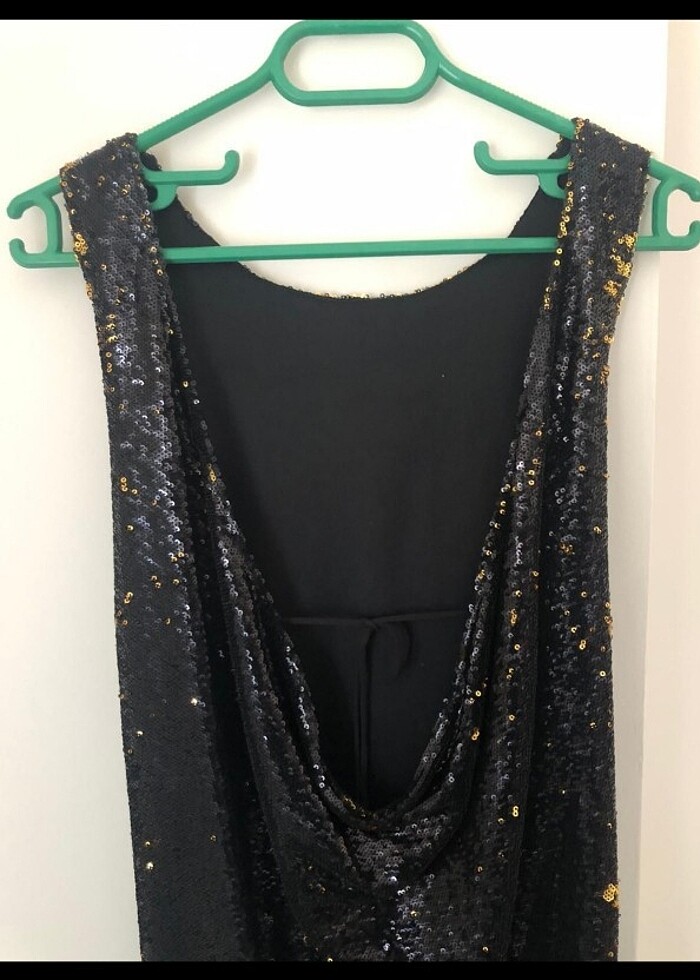 Pul payet siyah Gold  derin sırt dekolteli abiye elbise - Görsel 4