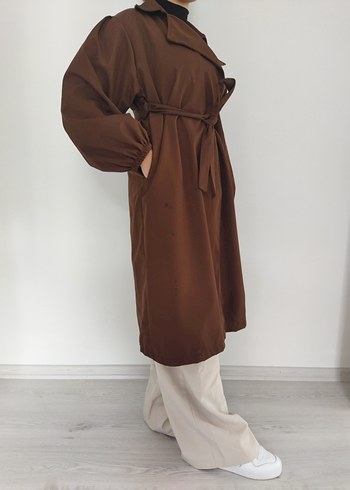 Kahverengi Kemerli Uzun Kadın Trençkot - Görsel 4