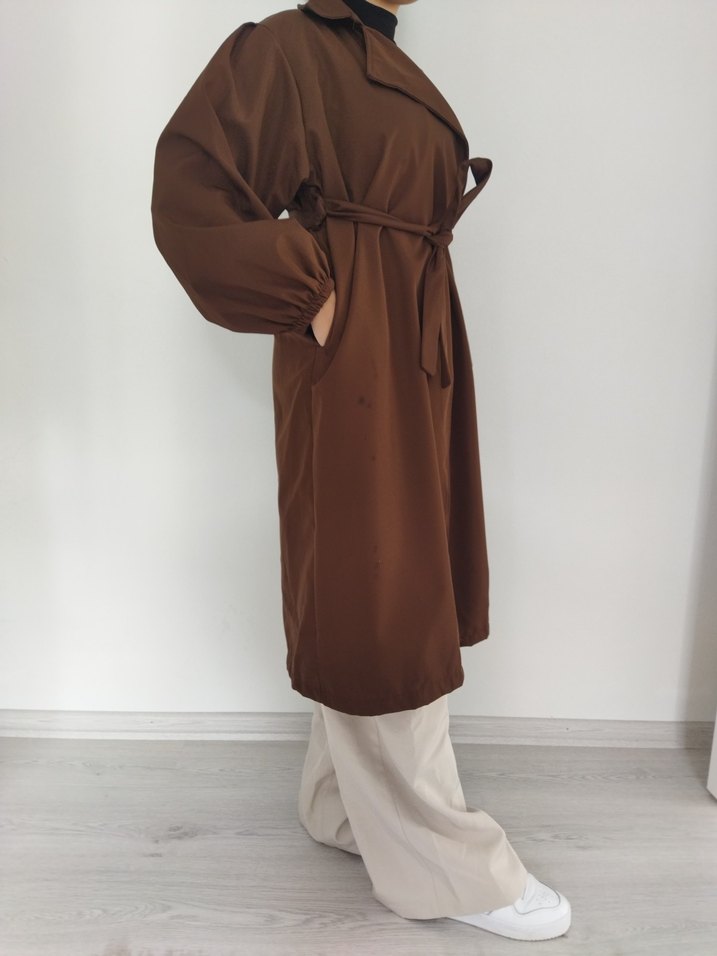 Kahverengi Kemerli Uzun Kadın Trençkot - Görsel 5