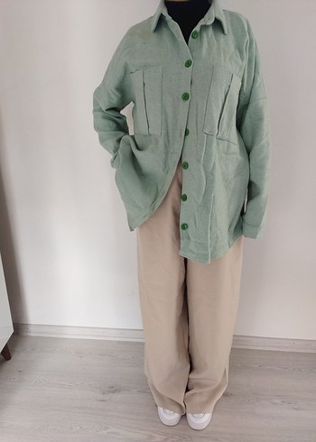 Bej Düğmeli Keten Kadın Gömlek - Görsel 2