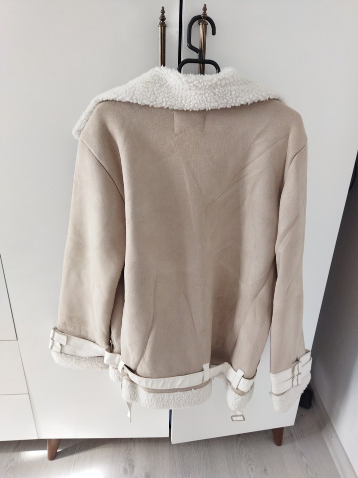 Bej Süet Kürk Detaylı Salaş Kadın Ceket - Görsel 3