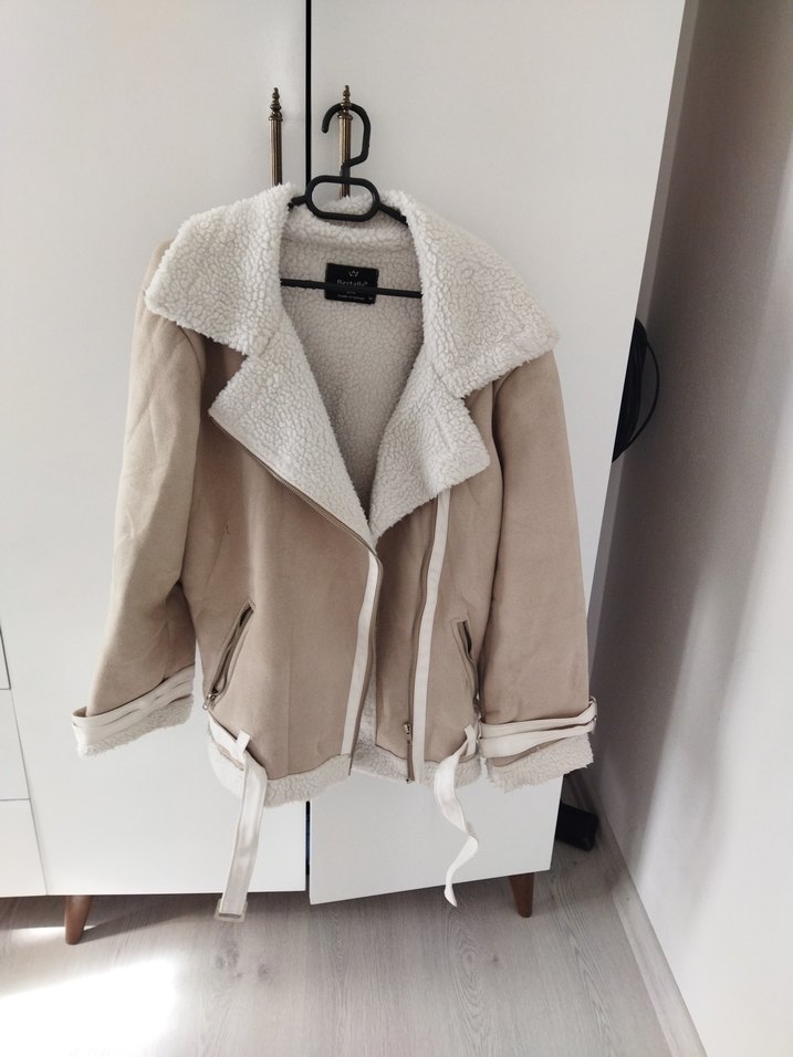 Bej Süet Kürk Detaylı Salaş Kadın Ceket - Görsel 2