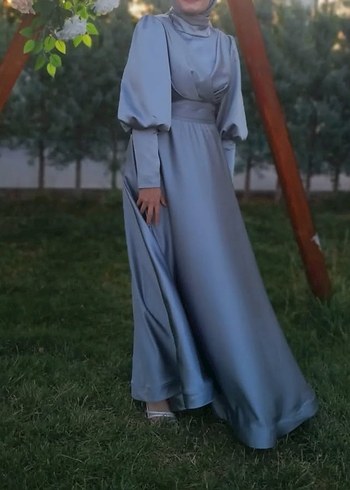 Mavi Uzun Kollu Drapeli Tesettür Abiye - Görsel 4