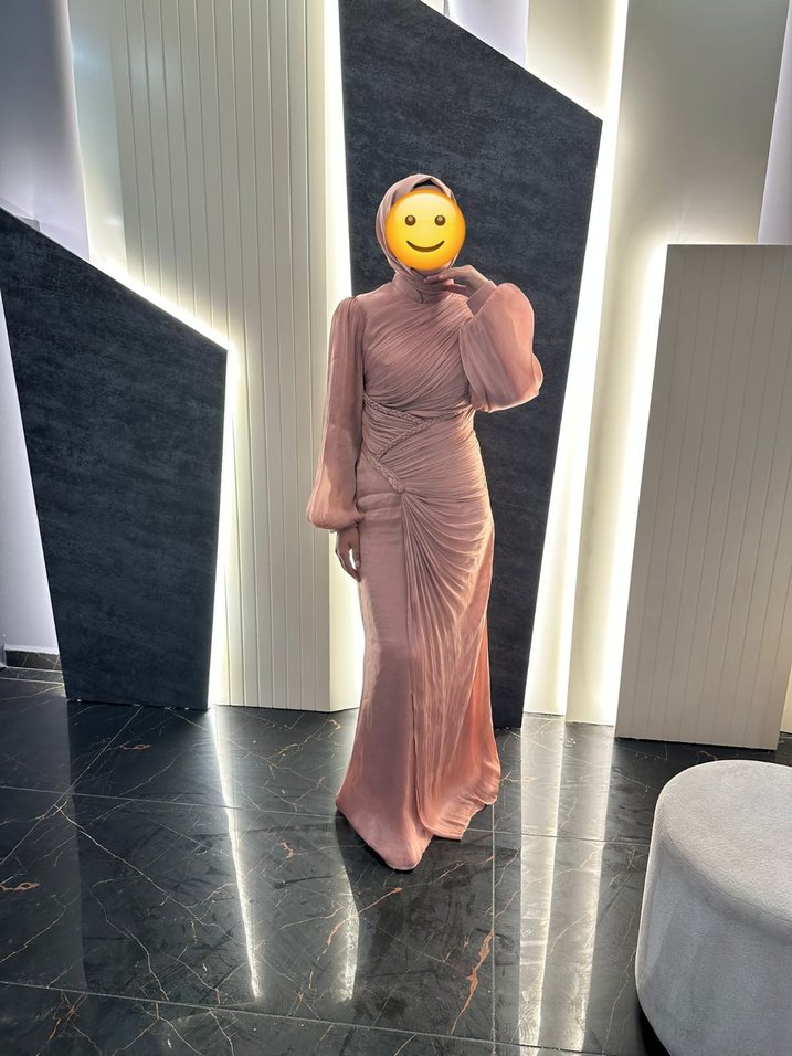 Bej Uzun Kollu Drapeli Abiye Elbise - Görsel 2