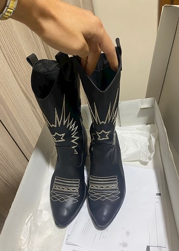 Diğer Kovboy Siyah Deri İşlemeli Biker Kadın Çizme