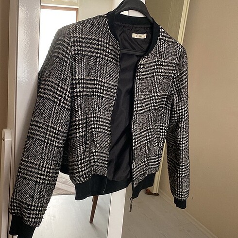 36 Beden siyah Renk Batik ekose yün bomber ceket