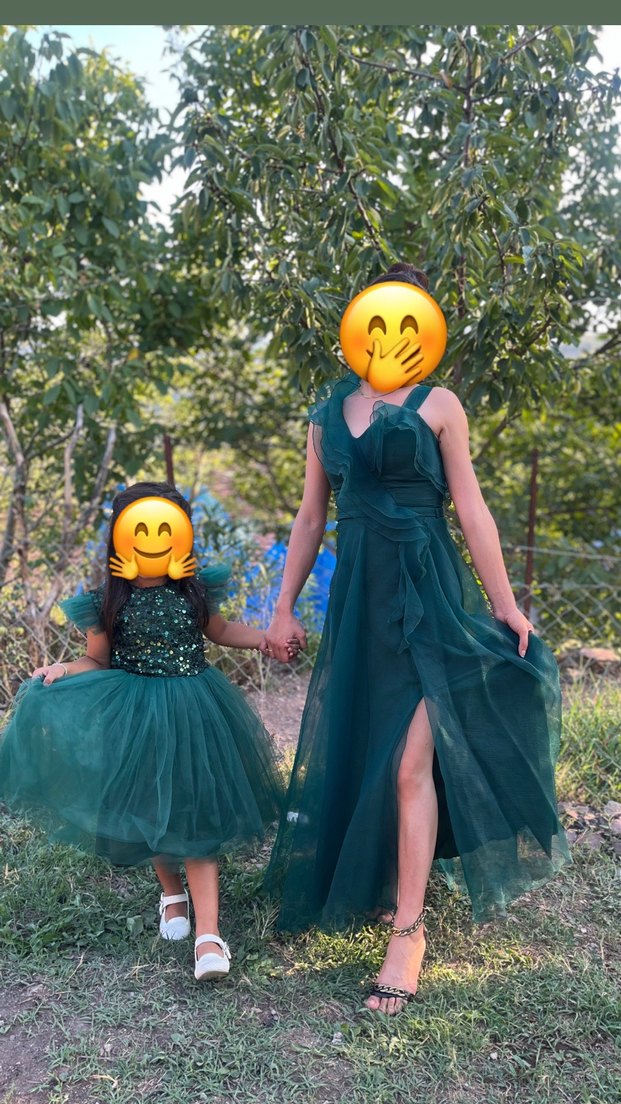 Yeşil Drapeli Straplez Kız  Anne Çocuk kombin - Görsel 3