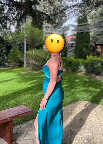 Turkuaz Drapeli Straplez Midi Mezuniyet Elbisesi - Görsel 2