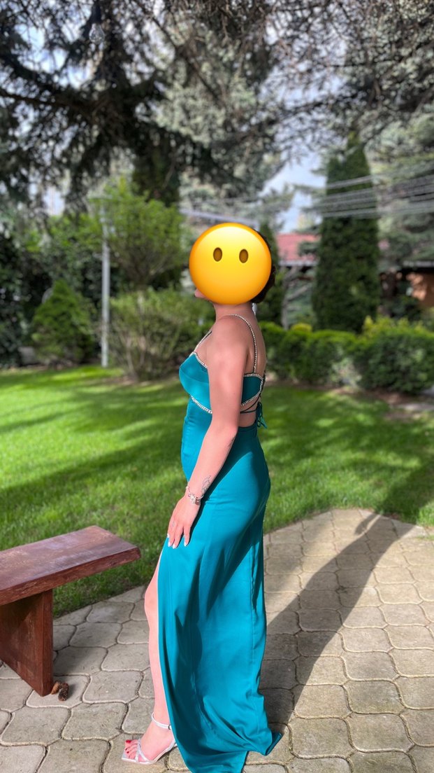 Turkuaz Drapeli Straplez Midi Mezuniyet Elbisesi - Görsel 2