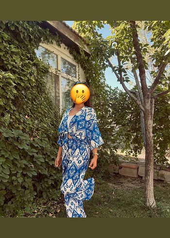 S/M uyumlu ikili  takım Mavi Bohem Kimono - Görsel 3