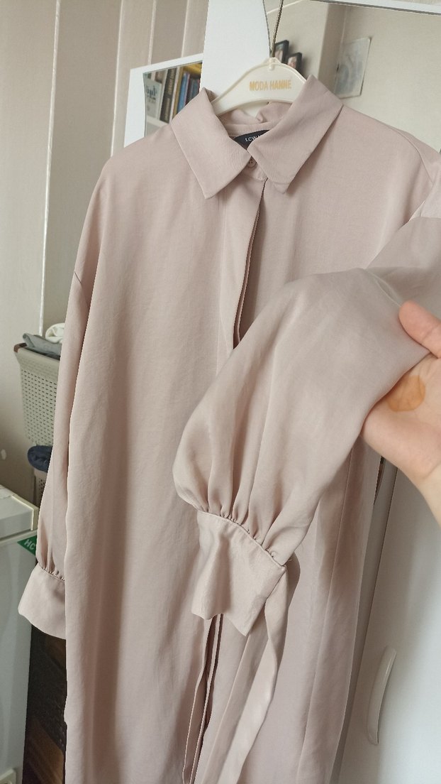 Bej Uzun Kollu Kadın Keten Tunik - Görsel 2