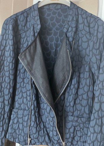 Uzun Kollu Midi Mavi Denim Biker Ceket - Görsel 5