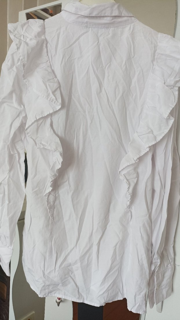 Beyaz Keten Fırfırlı Uzun Kollu Kadın Gömlek - Görsel 4