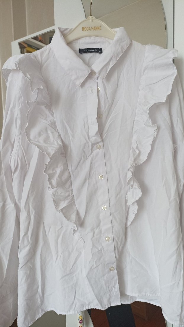 Beyaz Keten Fırfırlı Uzun Kollu Kadın Gömlek - Görsel 2