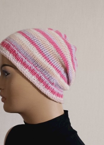 Pembe Çizgili Örgü Kadın Bere - Görsel 2