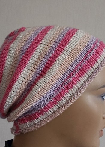 Pembe Çizgili Örgü Kadın Bere - Görsel 6