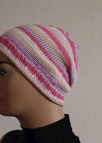 Pembe Çizgili Örgü Kadın Bere - Görsel 3