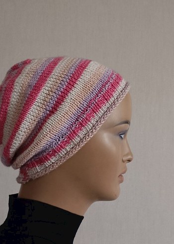 Pembe Çizgili Örgü Kadın Bere - Görsel 5